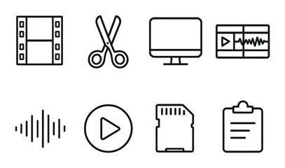 Film editing icons set – outline, movie production and video editing elements