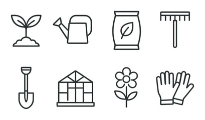 Gardening essentials icons set – outline, tools and plant symbols for garden lovers