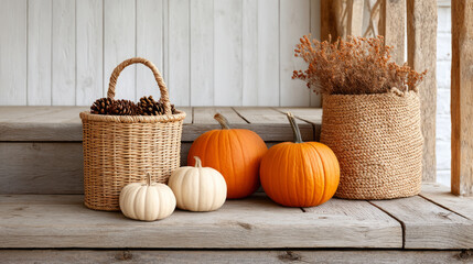 Cozy autumn rustic porch with pumpkins and wicker baskets decor for seasonal inspiration