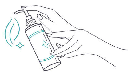 Hand Holding a Dispenser Bottle of Skincare Product.