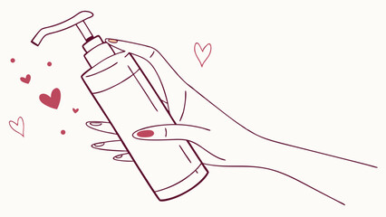 Hand holding a lotion bottle with hearts line art illustration.