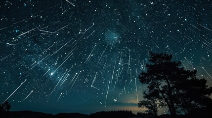 Captivating perseids meteor shower over forested horizon at night. Comet Swift-Tuttle. Horizontal banner. Free space for text. Copy space. World Astronomy Day