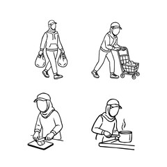 Hijab Woman Daily Activity Outline Vector Set. A collection of hijabi women in daily activities. Set of Muslim women wearing hijab doing productive tasks. set of hijab women in various poses. 