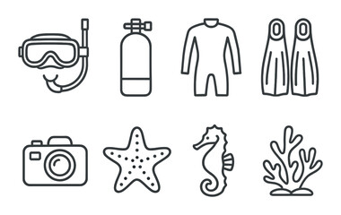 Diving equipment linear icons set – snorkel, scuba, underwater adventure symbols