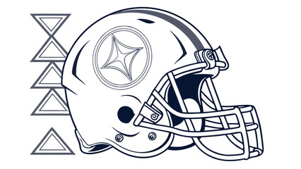 Football helmet outline with star emblem and stacked triangles.