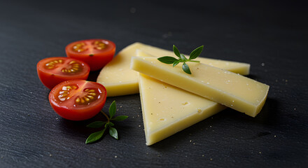 Fresh cherry tomatoes and sliced cheese with green garnish on dark slate surface