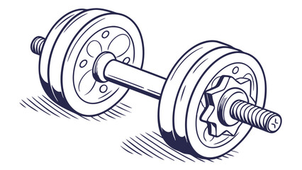 Handdrawn illustration of a dumbbell with detailed weights and threaded bar.