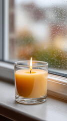 Cozy candlelight by frosted window on a rainy day – perfect for relaxation and mindfulness