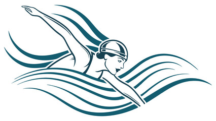 Stylized swimmer in motion with water waves illustration.
