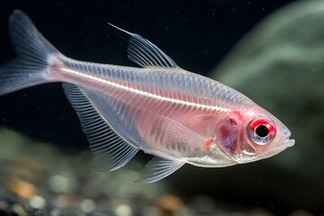 Fototapeta premium Transparent glass catfish with visible skeleton and red eye swims in dark water