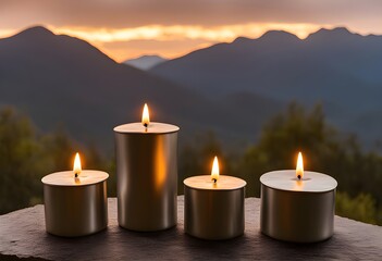 Three Metal Candles Glow at Sunset Against Mountain Silhouette