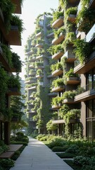 Artistic rendering of a sustainable urban building with vertical gardens and natural light