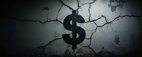 Cracked wall with black dollar sign symbolizing financial instability in a dark environment
