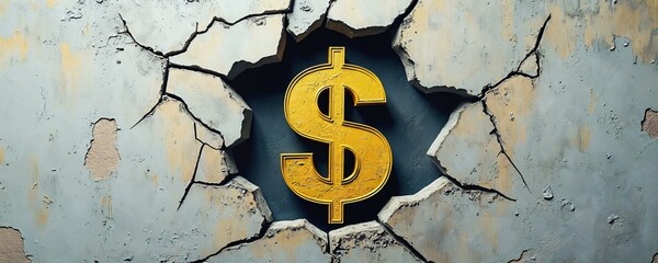 Artistic portrayal of a broken wall with a bold dollar sign emphasizing economic fragility