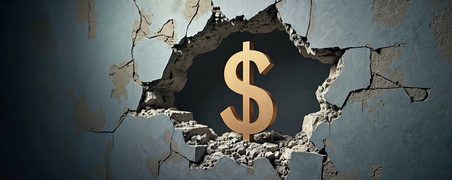 Conceptual representation of economic challenges with crumbling wall and dollar sign