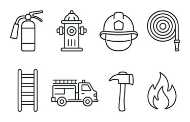 Firefighting tools icons set – outline, emergency, and safety equipment symbols