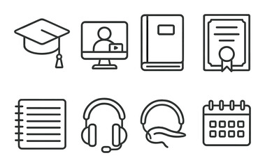 Online learning essentials icons set – line, education and e-learning symbol pack