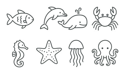 Marine life silhouette icons set &ndash; ocean, sea creature and aquatic symbol designs