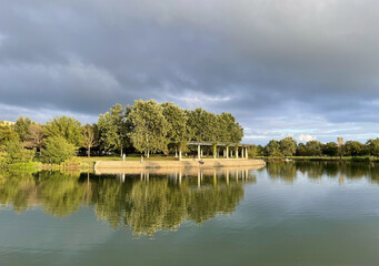Overcast Sky Above Lake and Pavilion