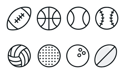 Sports balls icons set – outline, athletic equipment and game symbols