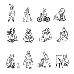 Hijab Woman Daily Activity Outline Vector Set. A collection of hijabi women in daily activities. Set of Muslim women wearing hijab doing productive tasks. set of hijab women in various poses. 