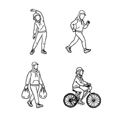 Hijab Woman Daily Activity Outline Vector Set. A collection of hijabi women in daily activities. Set of Muslim women wearing hijab doing productive tasks. set of hijab women in various poses. 