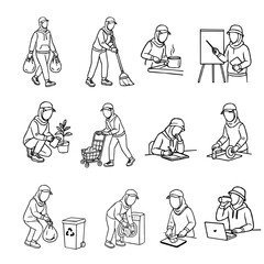 Hijab Woman Daily Activity Outline Vector Set. A collection of hijabi women in daily activities. Set of Muslim women wearing hijab doing productive tasks. set of hijab women in various poses. 