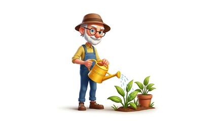 Cartoon elderly gardener man watering plants with a watering can, smiling, isolated on white background. Eco-friendly lifestyle character.