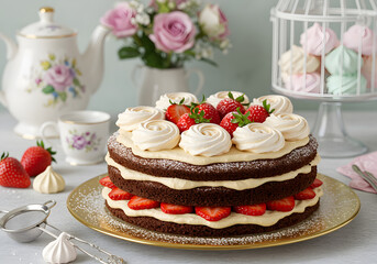 Delicious chocolate cake with strawberries and cream on a gold plate