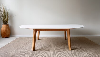 modern white table with wooden legs placed against a neutral background in a well lit room