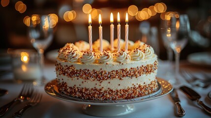Festive birthday cake with candles on a table setting.