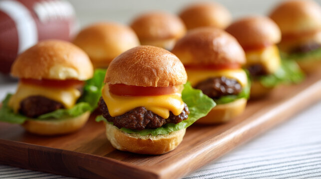 Delicious game day mini sliders with juicy burgers and cheese on a wooden platter