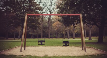 Playground swings in autumn park: empty swing set for kids in fall landscape, outdoor recreation area