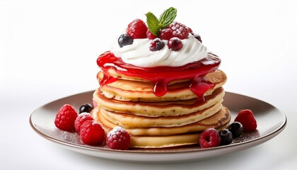 stack of pancakes topped with whipped cream berry compote and fresh berries