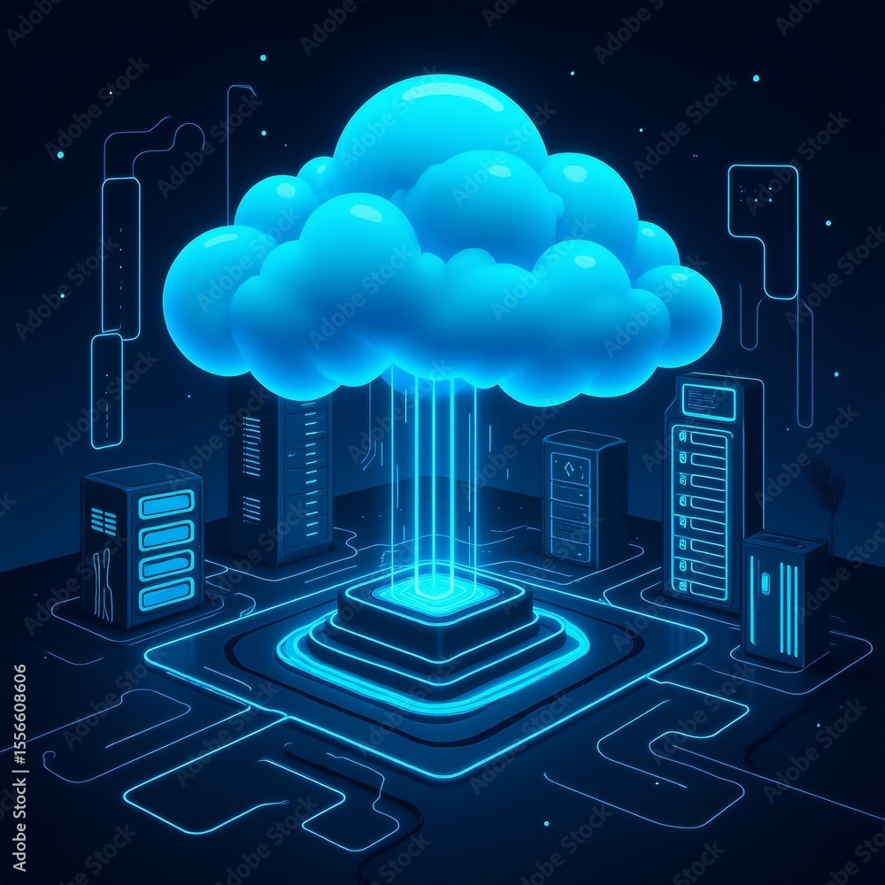 Poster illustration cloud computing concept cloud center blue light emanating surrounded three servers eith
