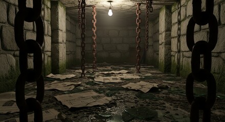 Abandoned Cell with Chains and Scattered Debris