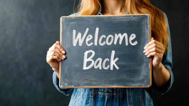 Returning warmth: welcoming gesture with chalkboard message displayed by person in denim