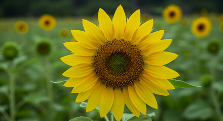 Obraz premium Close up of a bright yellow sunflower in a field with blurred background