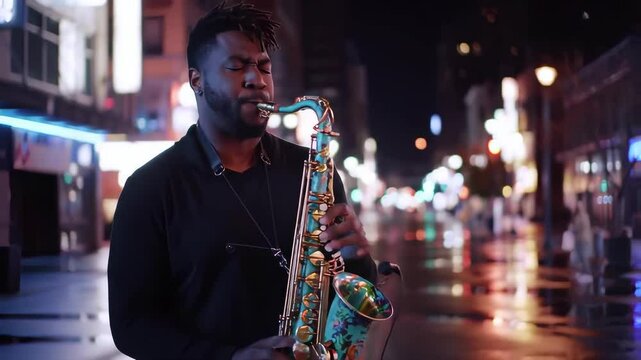 Musician Playing Saxophone on Wet City Street at Night Under Blue and Orange Lights in Dark Outfit and Ornate Saxophone