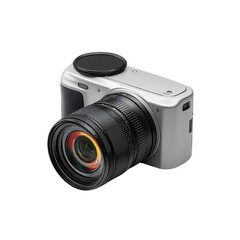 Fototapeta premium A silver mirrorless digital camera with a prominent attached lens is shown against a clean transparent background perfect for technology