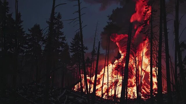 Intense forest blaze engulfing trees at night with dramatic flames and smoke