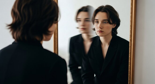 Portrait of a young man looking in a mirror with reflection and black jacket in a white room setting