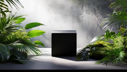 abstract composition featuring a black cube on a concrete pedestal surrounded by greenery in natural light