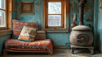 Rustic corner nook with vibrant textiles and aged charm