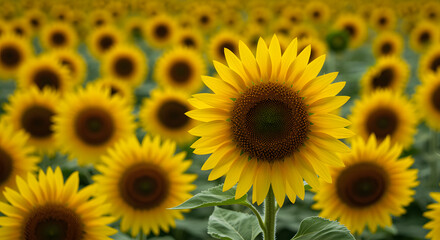 Fototapeta premium Close up of a bright yellow sunflower in a field of sunflowers