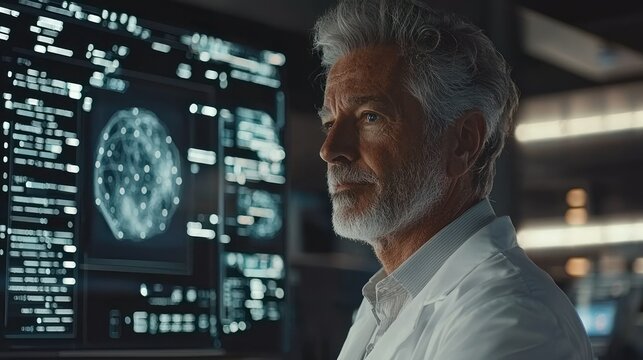 Focused senior scientist observing brain scan data - Powered by Adobe