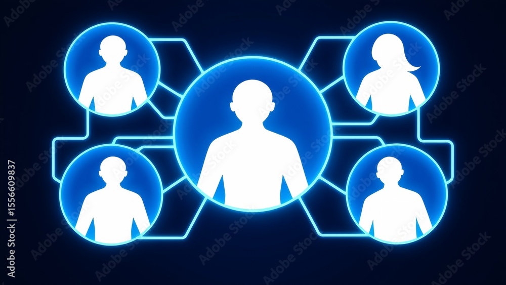 Poster graphic design dark blue background network interconnected circles center circles connected thin whi