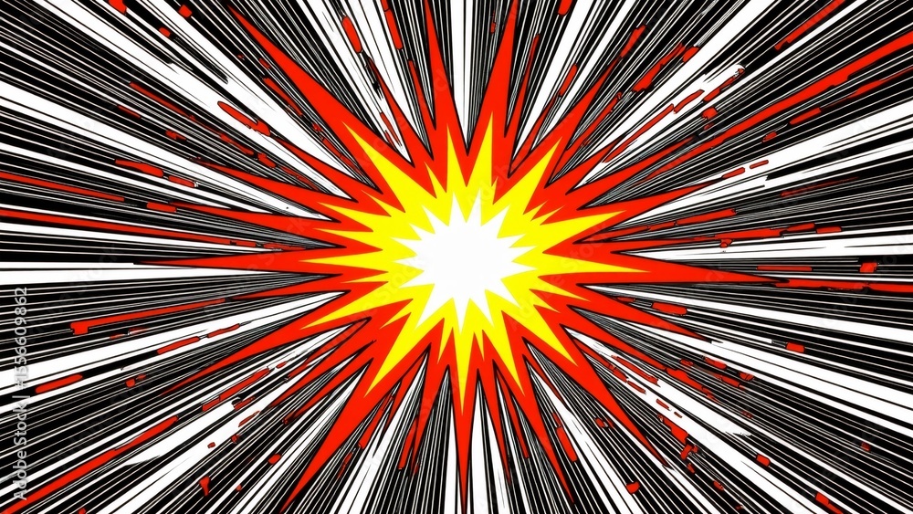 Poster illustration burst red yellow lines radiating center lines arranged radial pattern creating sense mo
