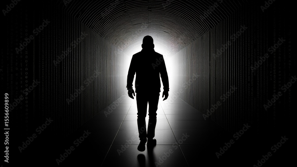 Poster silhouette person walking through tunnel tunnel appears series interconnected lines dots creating tu