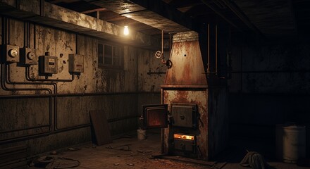 Dark Abandoned Basement with Rusty Furnace and Pipes